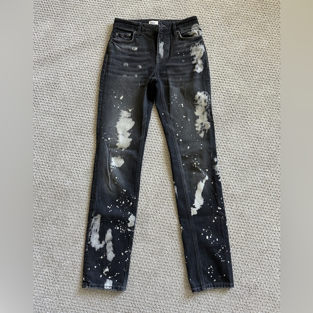 Zara Black Acid Wash Paint-Splatter Jeans – Women’s Size 2 - Picture 2 of 4
